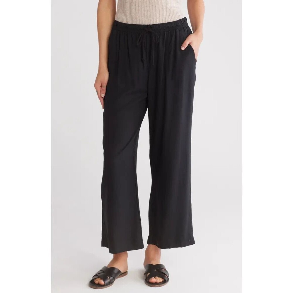 Splendid Sorrento Crop Wide Leg Black Pants Drawstring Waist Size Small Pockets